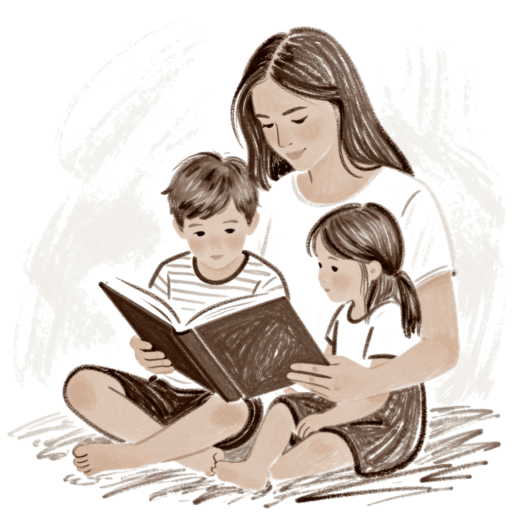 A mother in an armchair reading aloud to her two children